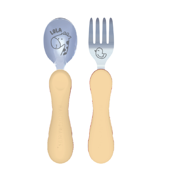 Jogo Anatômico Colher E Garfo Em Silicone E Inox 2 Peças Girafa Lola - Amarelo Manteiga