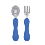 Jogo Anatômico Colher E Garfo Em Silicone E Inox 2 Peças Hipopótamo Lucas - Azul
