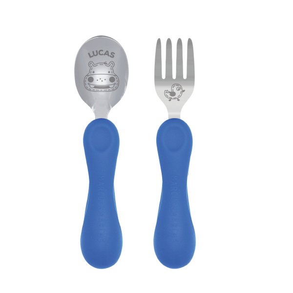Jogo Anatômico Colher E Garfo Em Silicone E Inox 2 Peças Hipopótamo Lucas - Azul