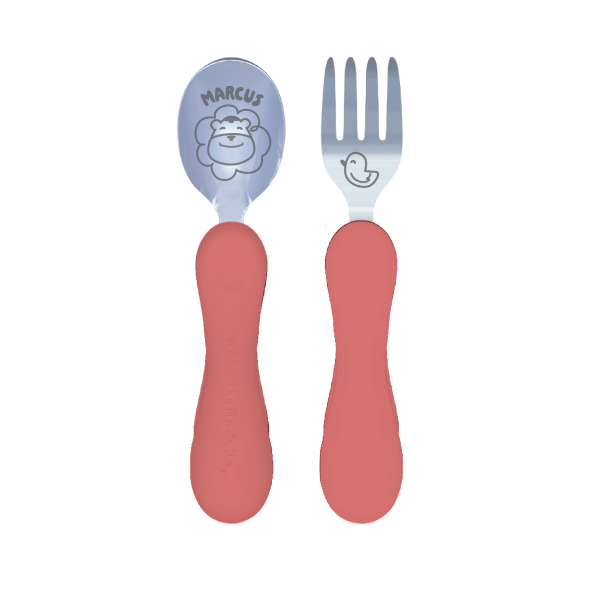 Jogo Anatômico Colher E Garfo Em Silicone E Inox 2 Peças Leão Marcus - Coral