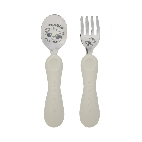 Jogo Anatômico Colher E Garfo Em Silicone E Inox 2 Peças Panda Pebble - Cinza