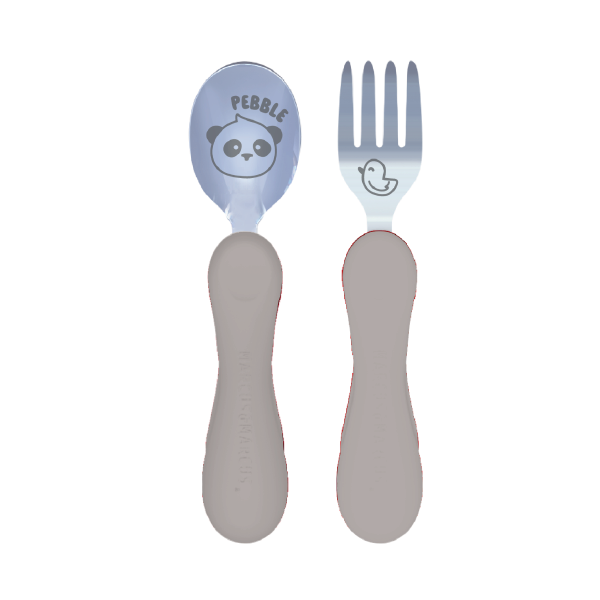 Jogo Anatômico Colher E Garfo Em Silicone E Inox 2 Peças Panda Pebble - Cinza Pastel