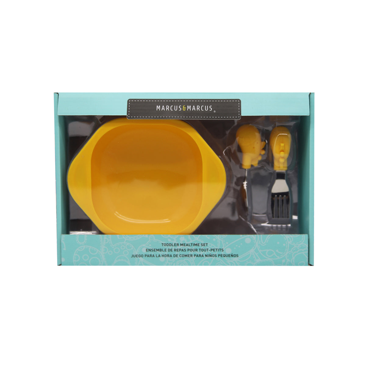 KIT COM TIGELA COM SUCÇÃO E PRIMEIRO GARFO E COLHER EM INOX E SILICONE GIRAFA LOLA - AMARELO