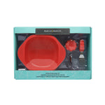 KIT COM TIGELA COM SUCÇÃO E PRIMEIRO GARFO E COLHER EM INOX E SILICONE LEÃO MARCUS - VERMELHO
