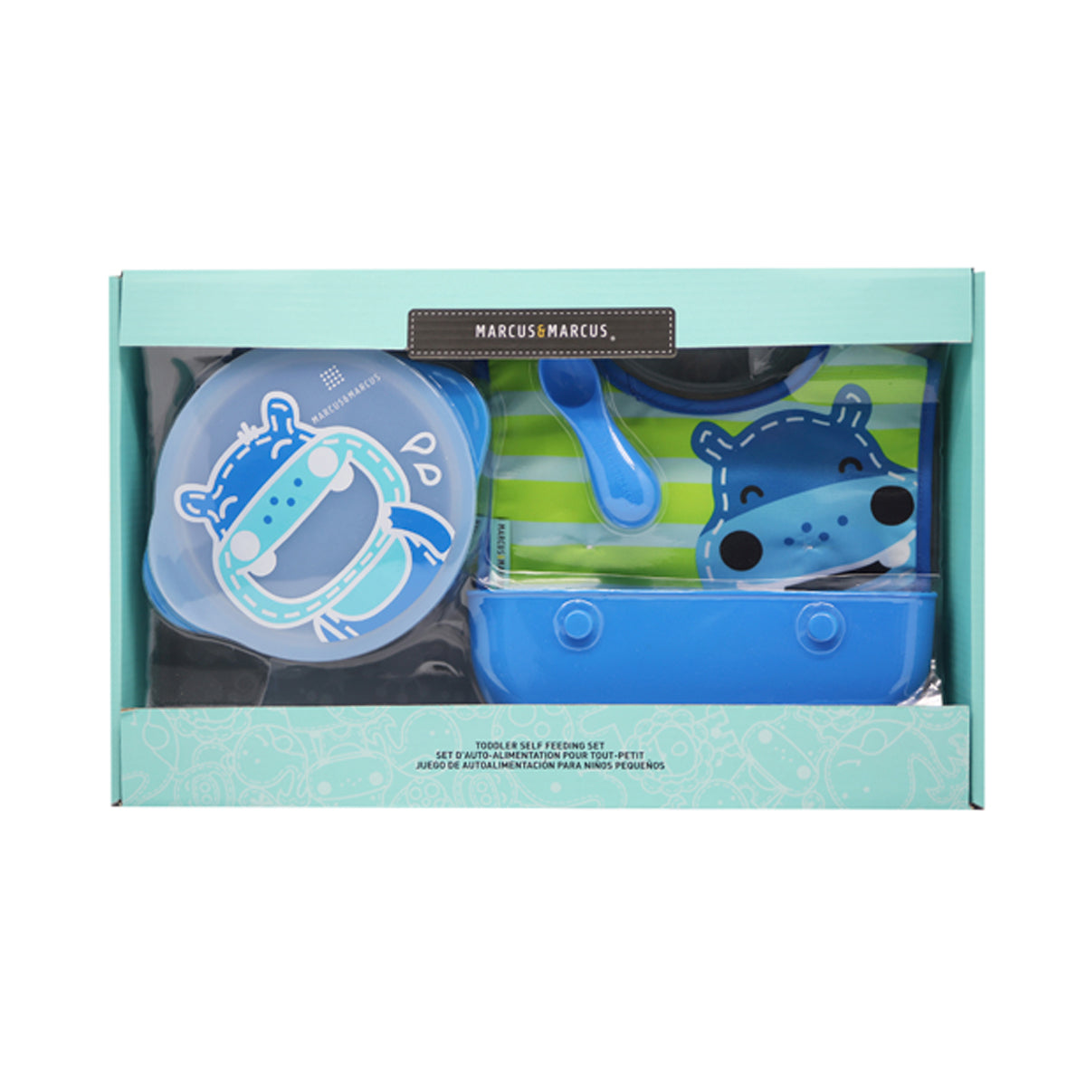 KIT ALIMENTAÇÃO COM TIGELA COM TAMPA. BABADOR 3 EM 1 E COLHER HIPOPÓTAMO LUCAS - AZUL