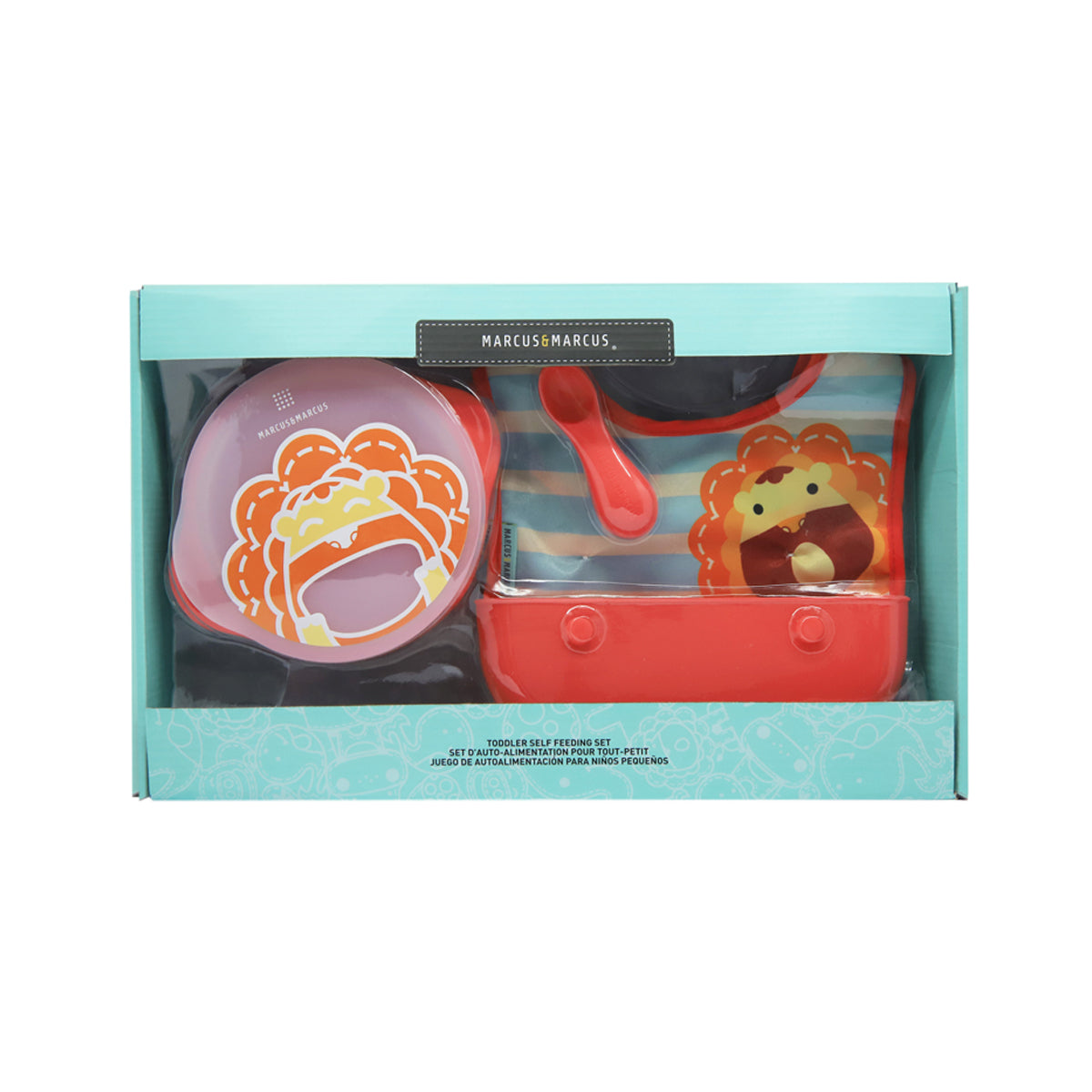 Kit Alimentação Com Tigela Com Tampa. Babador 3 Em 1 E Colher Leão Marcus - Vermelho