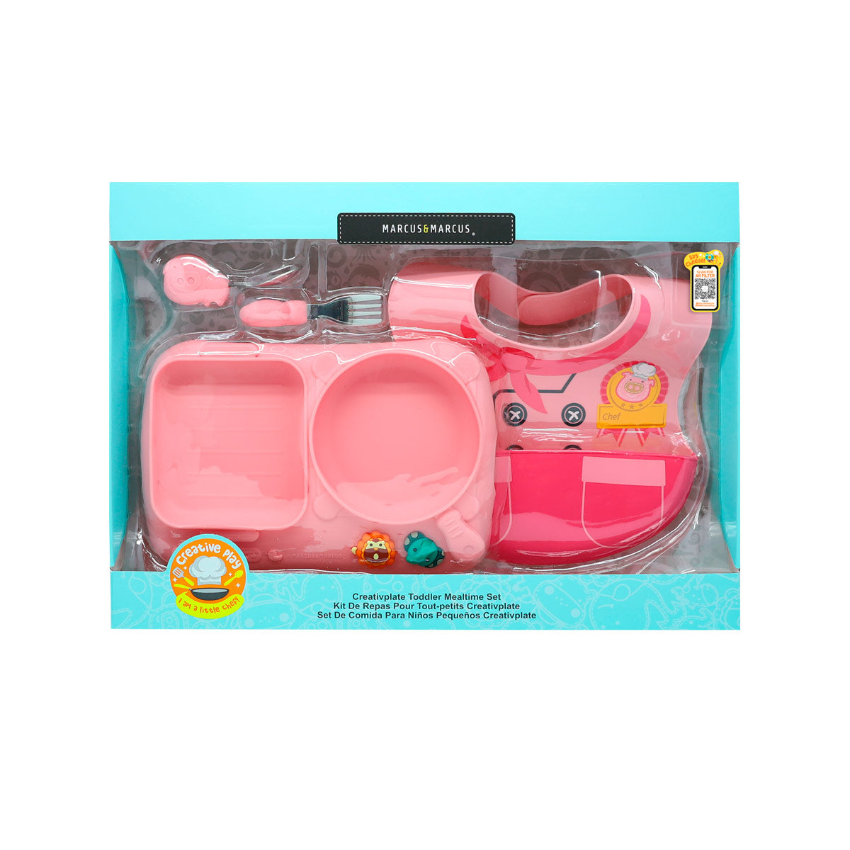 Kit De Alimentação Com Prato 2 Divisórias. Primeiro Garfo E Colher Em Inox Piloto Chef Porquinha Pokey - Rosa