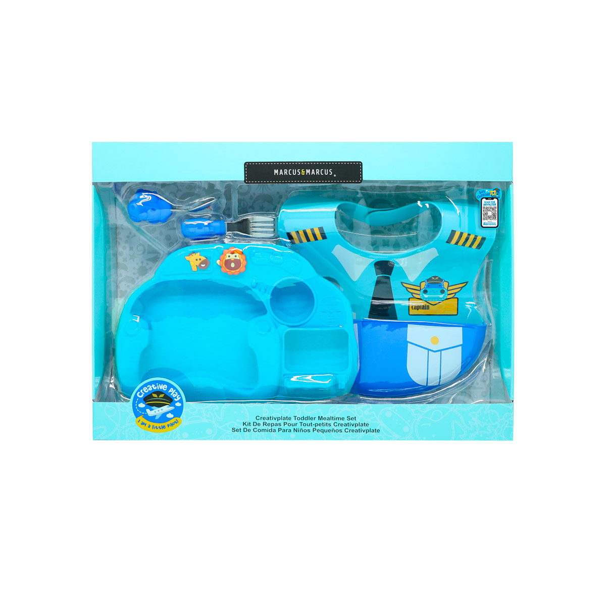 Kit De Alimentação Com Prato 2 Divisórias. Primeiro Garfo E Colher Em Inox Piloto Piloto Hipopótamo Lucas - Azul