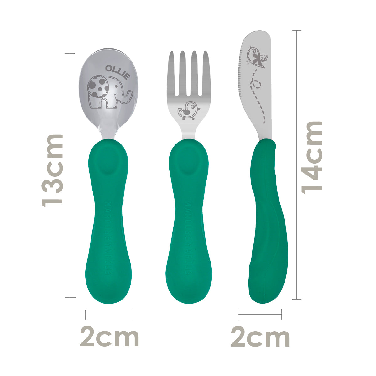 Jogo Anatômico Colher, Garfo e Faca em Silicone e Inox 3 Peças Elefante Ollie - Verde