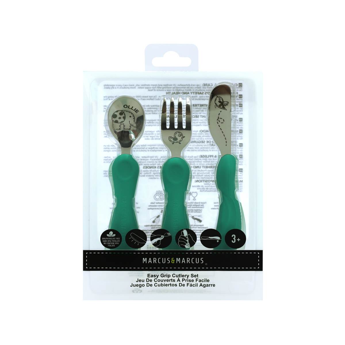 Jogo Anatômico Colher, Garfo e Faca em Silicone e Inox 3 Peças Elefante Ollie - Verde
