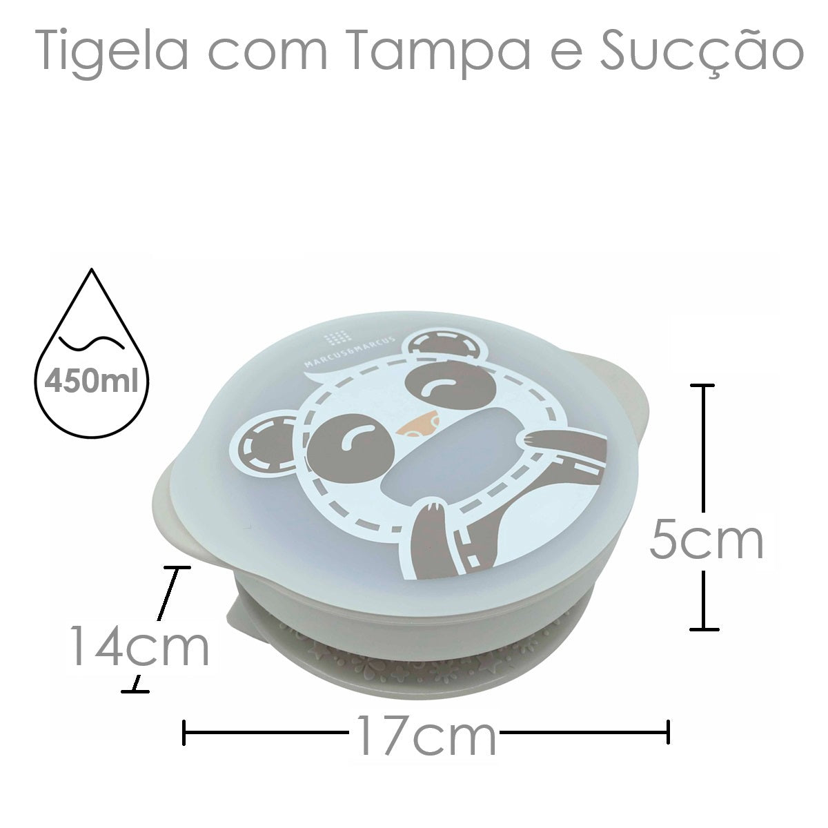 Tigela com Sucção e Tampa Panda Pebble - Cinza