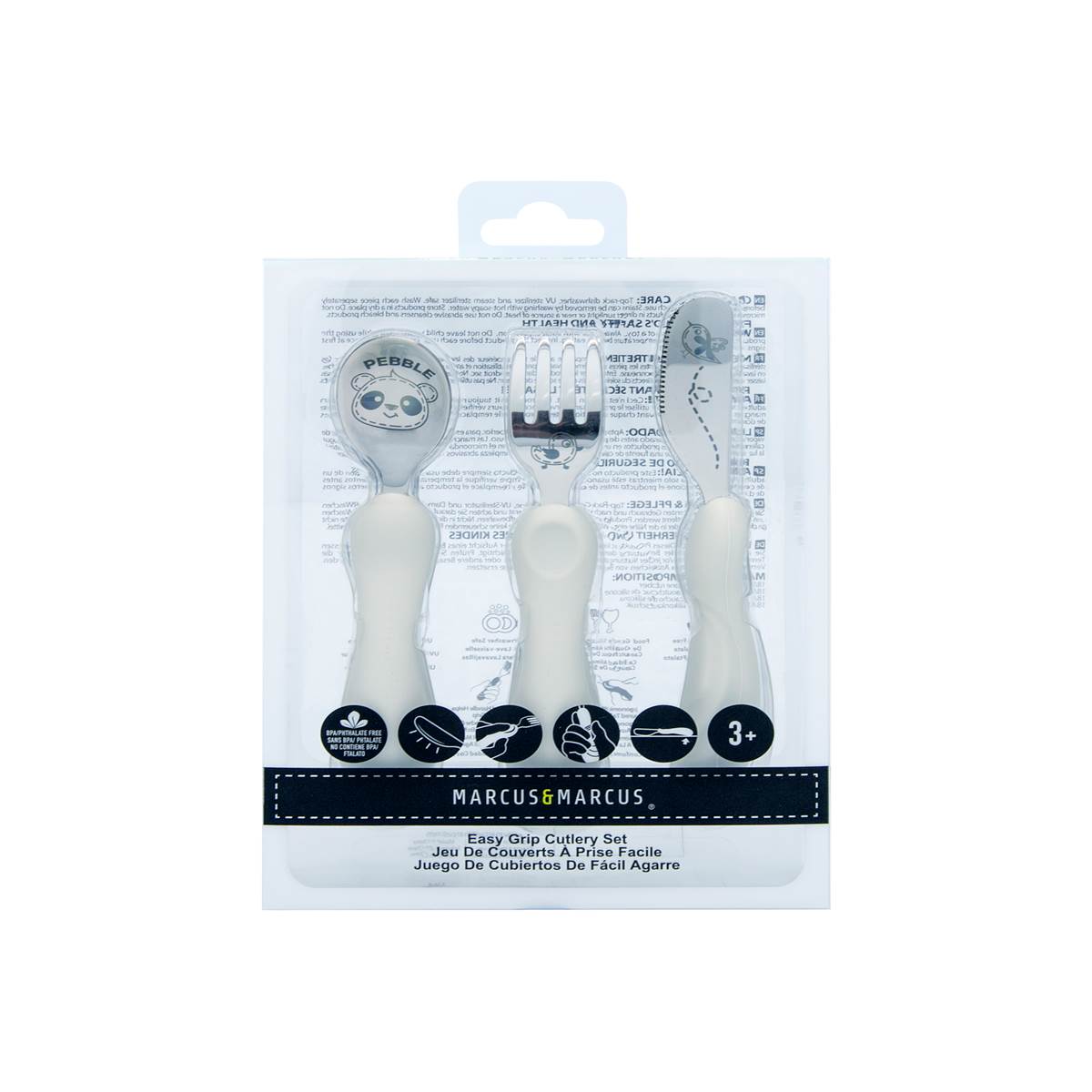 Jogo Anatômico Colher, Garfo e Faca em Silicone e Inox 3 Peças Panda Pebble - Cinza