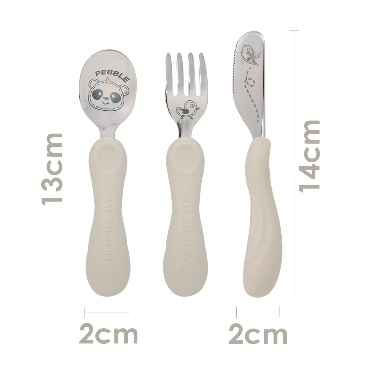 Jogo Anatômico Colher, Garfo e Faca em Silicone e Inox 3 Peças Panda Pebble - Cinza