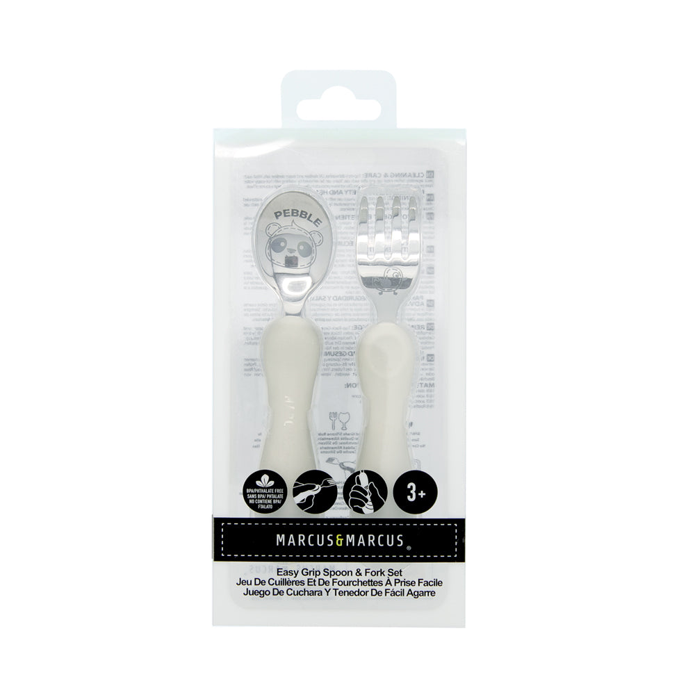 Jogo Anatômico Colher e Garfo em Silicone e Inox 2 Peças Panda Pebble - Cinza