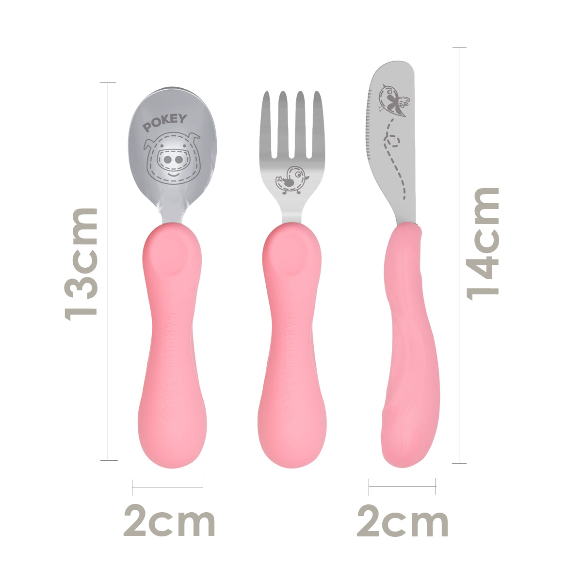 Jogo Anatômico Colher, Garfo e Faca em Silicone e Inox 3 Peças Porquinha Pokey - Rosa
