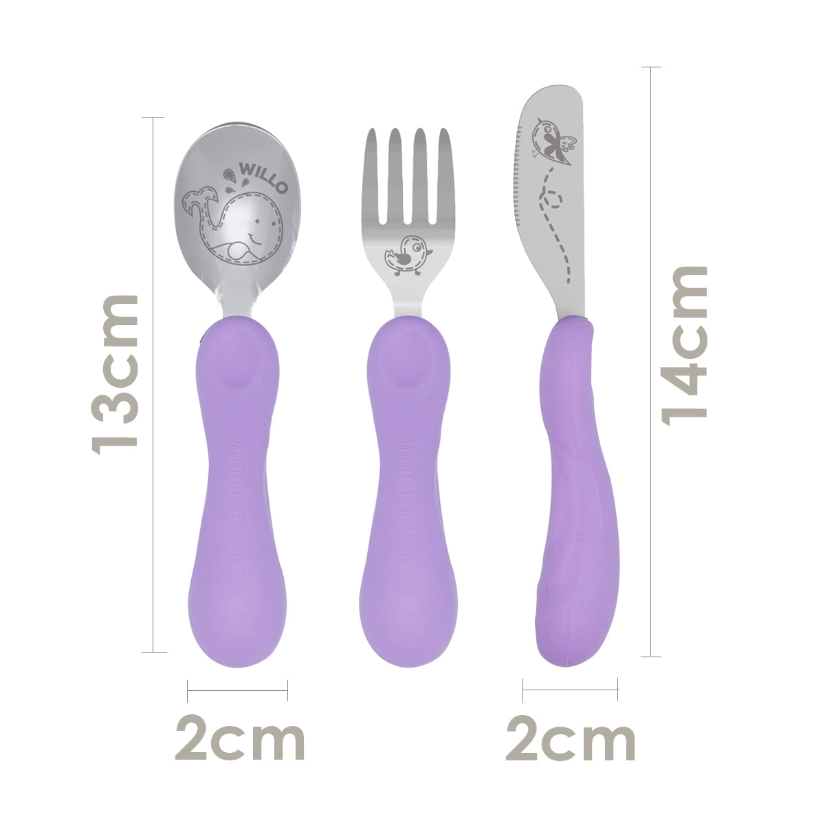 Jogo Anatômico Colher, Garfo e Faca em Silicone e Inox 3 Peças Baleia Willo - Lilás