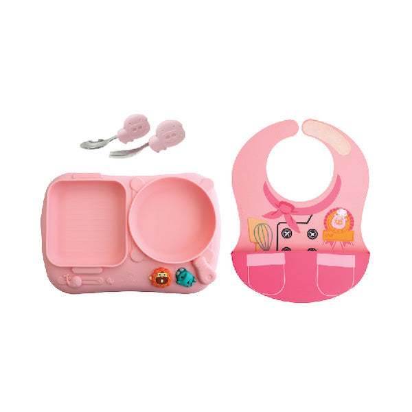 Kit De Alimentação Com Prato 2 Divisórias. Primeiro Garfo E Colher Em Inox Piloto Chef Porquinha Pokey - Rosa