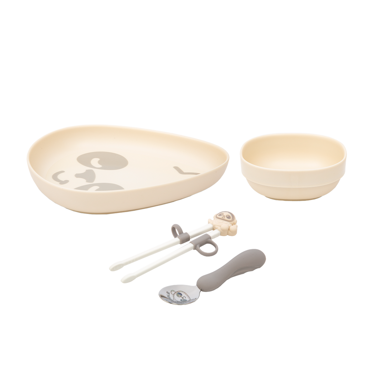 Kit Infantil Com Prato. Bowl. Colher E Hashi 4 Peças Panda Pebble - Cinza