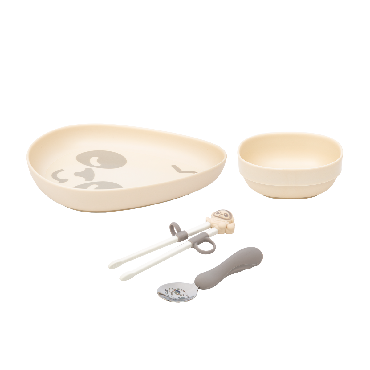 Kit Infantil Com Prato. Bowl. Colher E Hashi 4 Peças Panda Pebble - Cinza