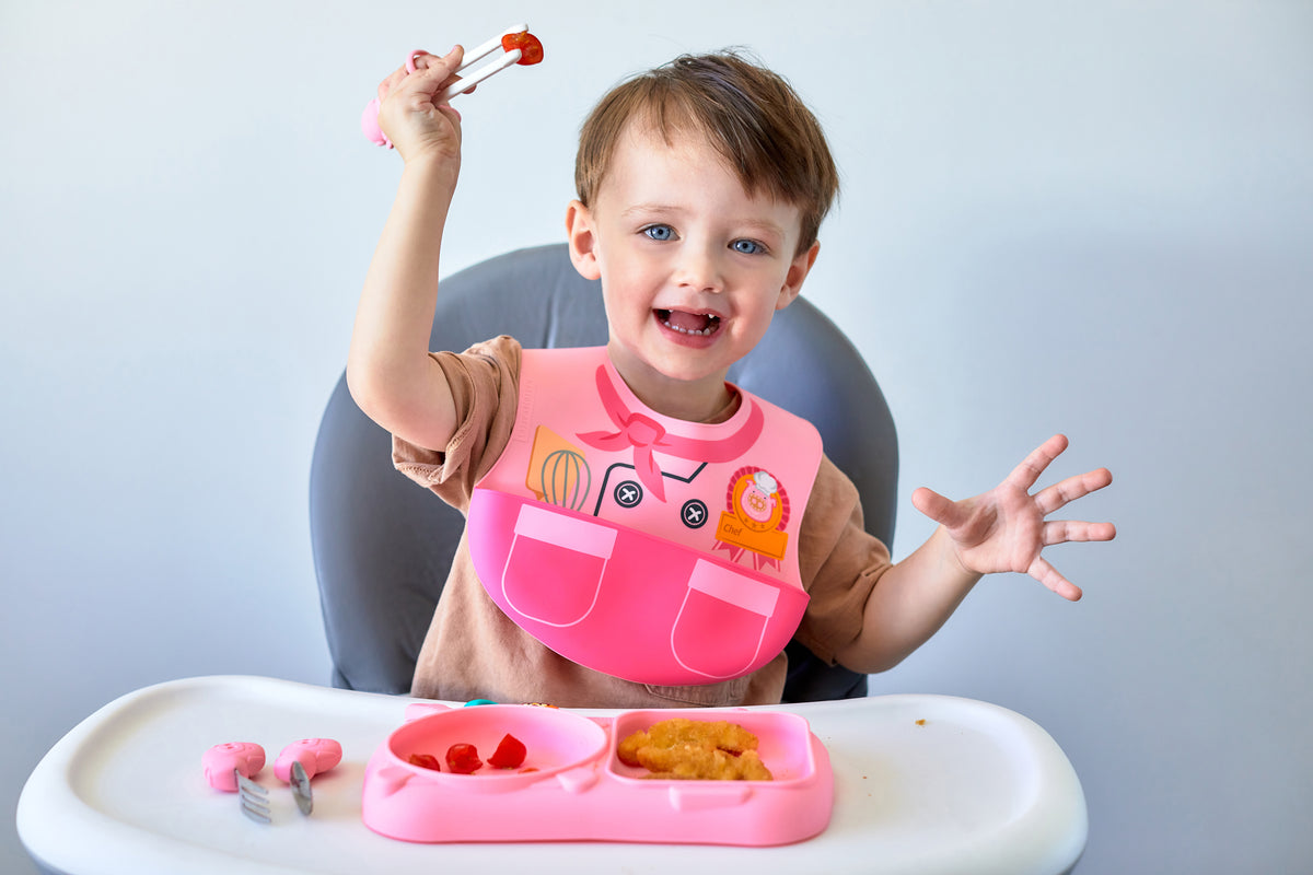 Kit De Alimentação Com Prato 2 Divisórias. Primeiro Garfo E Colher Em Inox Piloto Chef Porquinha Pokey - Rosa