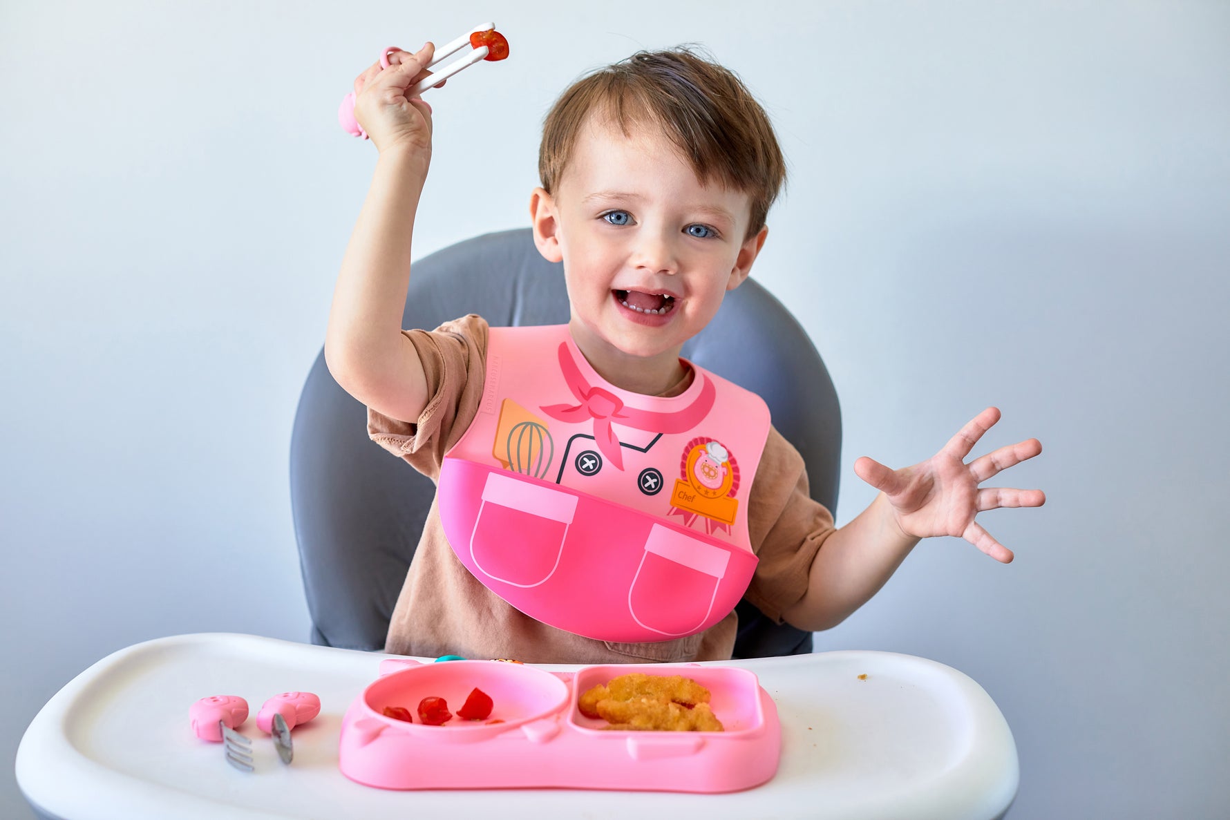 Kit De Alimentação Com Prato 2 Divisórias. Primeiro Garfo E Colher Em Inox Piloto Chef Porquinha Pokey - Rosa