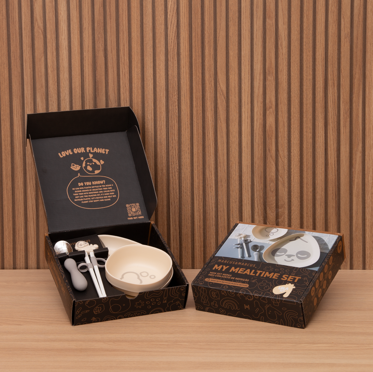 Kit Infantil Com Prato. Bowl. Colher E Hashi 4 Peças Panda Pebble - Cinza