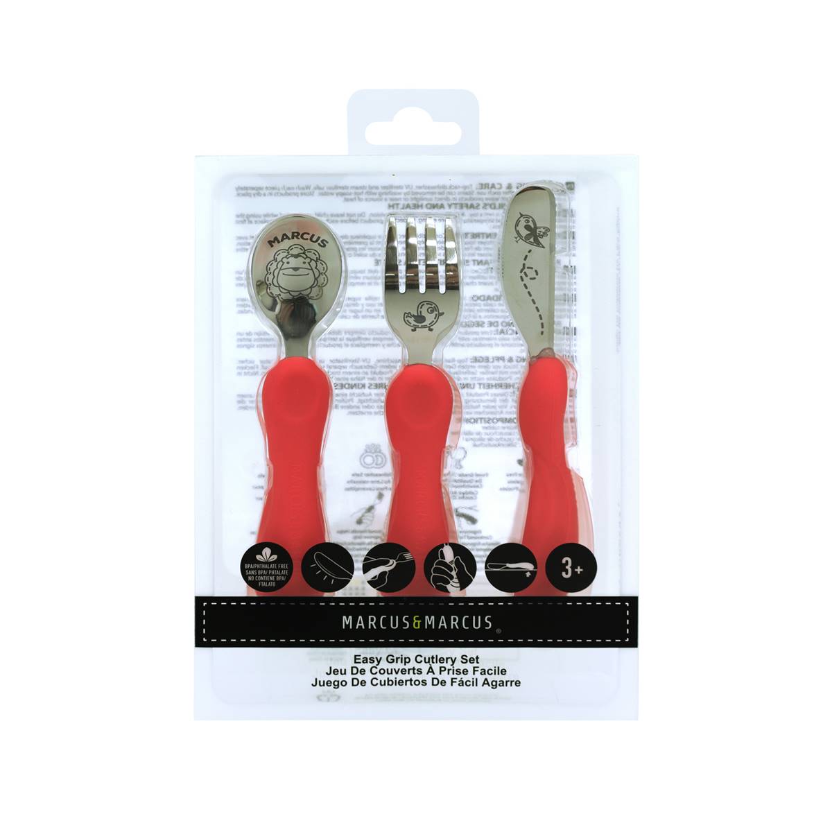 Jogo Anatômico Colher, Garfo e Faca em Silicone e Inox 3 Peças Leão Marcus - Vermelho